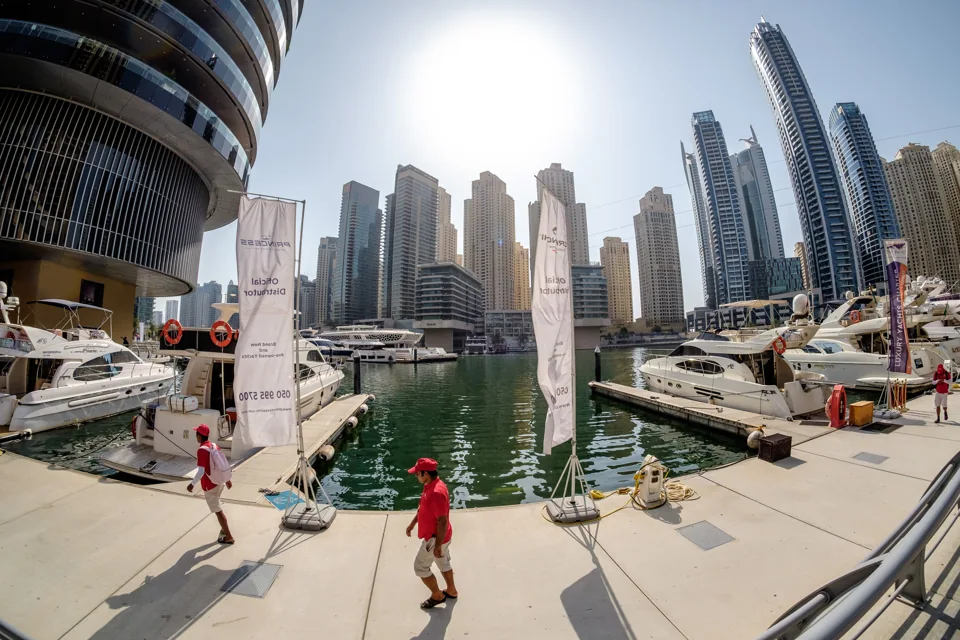 Dubai Marina waterfront, photographed near Dubai Marina Mall.