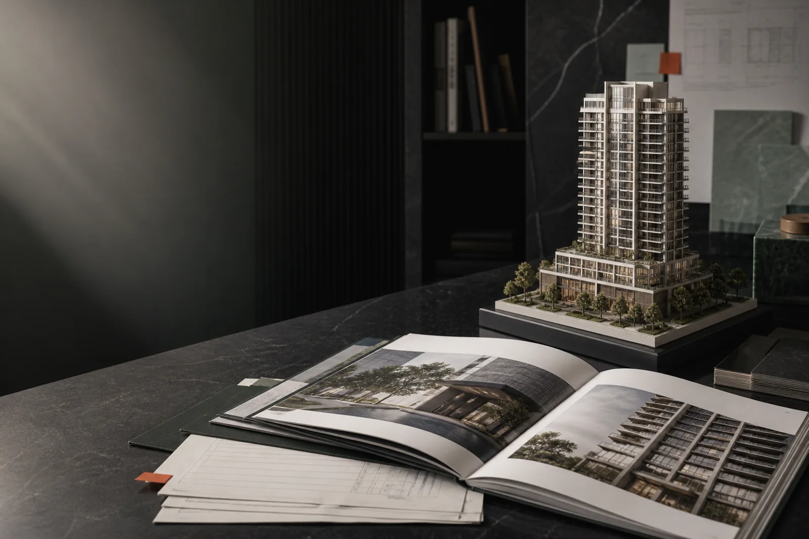 Architectural tower model and an open property brochure arranged for an evidence review